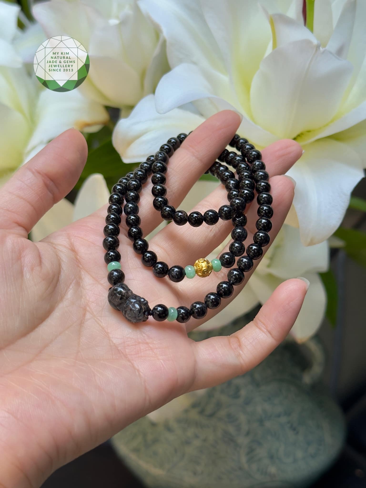 Chuỗi Vòng Thạch Anh Tóc Đen vip - Charm Tỳ Hưu - Mix Vàng và Ngọc Jadeite