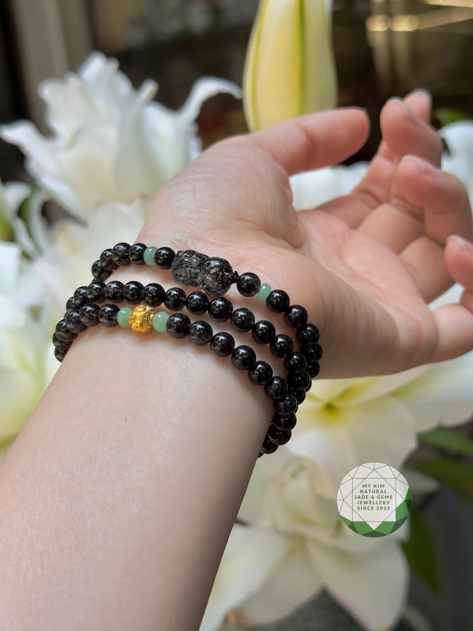 🖤 Vòng Thạch Anh Tóc Đen VIP – 3 Vòng Quấn 6mm | Charm Tỳ Hưu Tóc Đen – Mix Kim Tiền Vàng & Ngọc Phỉ Thúy Bạc Hà