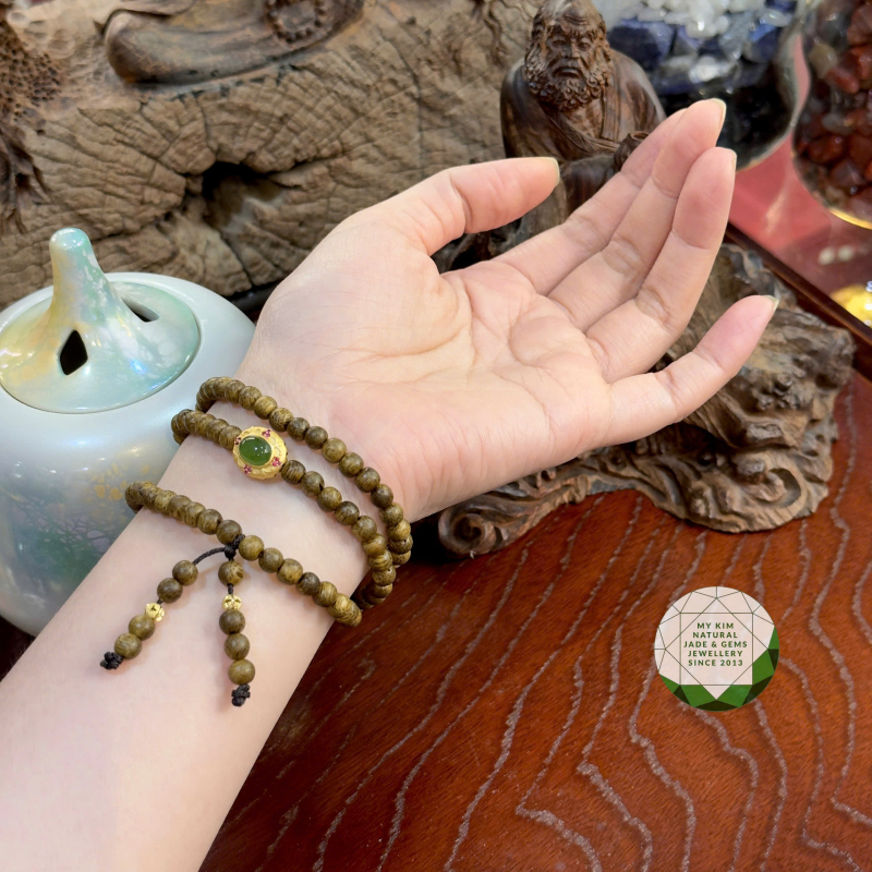 Vòng Trầm Tốc Mix PK Bạc Si Vàng Cao Cấp • 🍀 PK Ngọc Bích Nephrite Jade • Trang Sức Phong Thủy Tài Lộc & Bình An