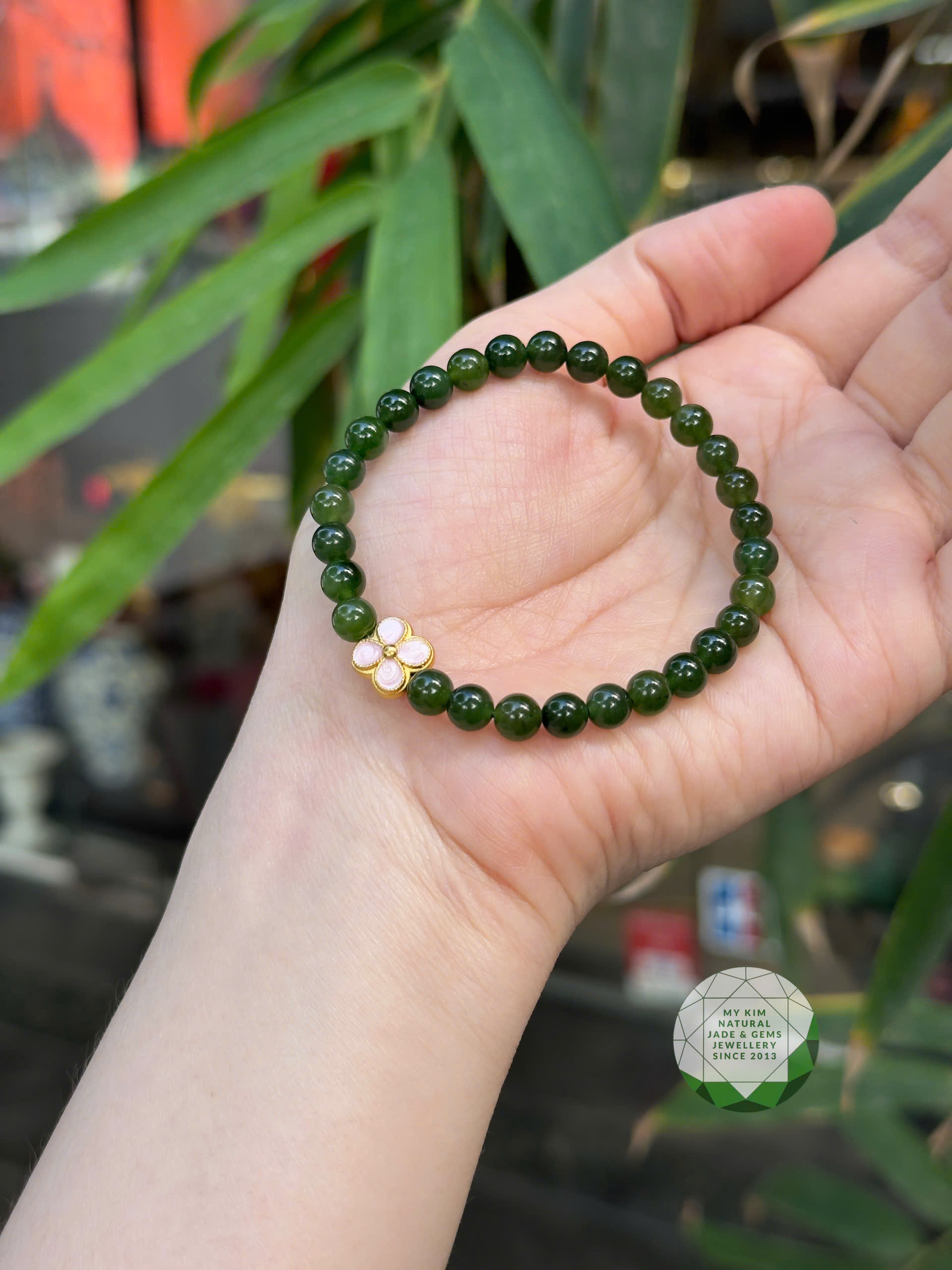 Vòng Ngọc Bích Nephrite Jade • 🌟 Charm Cỏ Bốn Lá Vàng • Trang Sức Phong Thủy Tài Lộc, Bình An