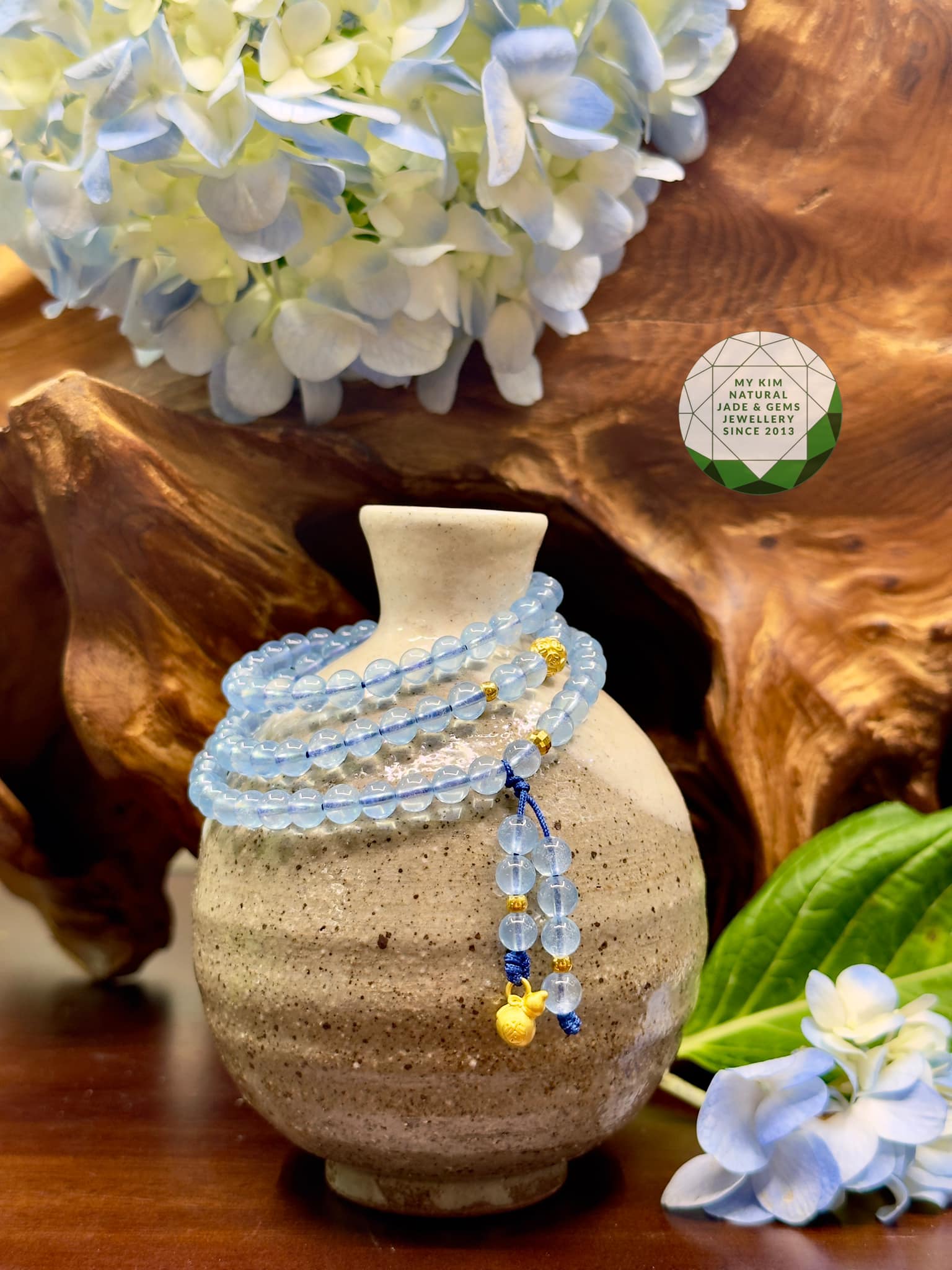 Chuỗi Vòng Đá Aquamarine VIP - Charm Vàng 