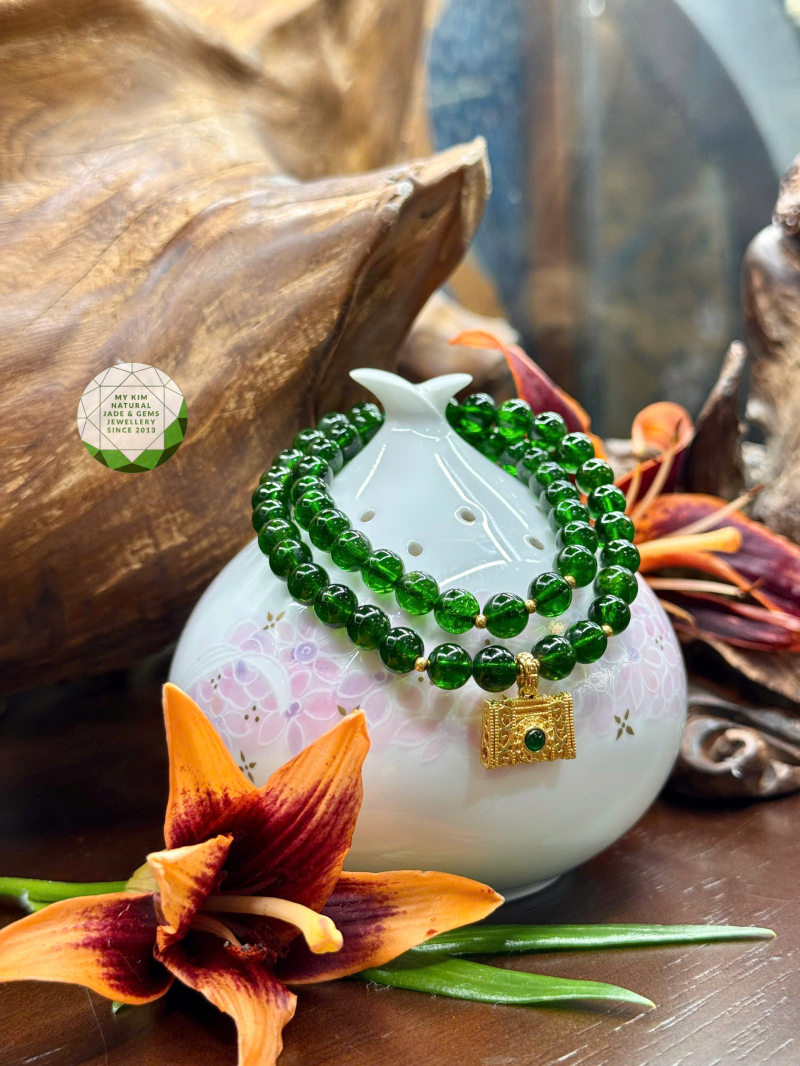 💚 Vòng Tay Diopside Vip – 2 Vòng Quấn Mix Charm Túi Vàng 18K
