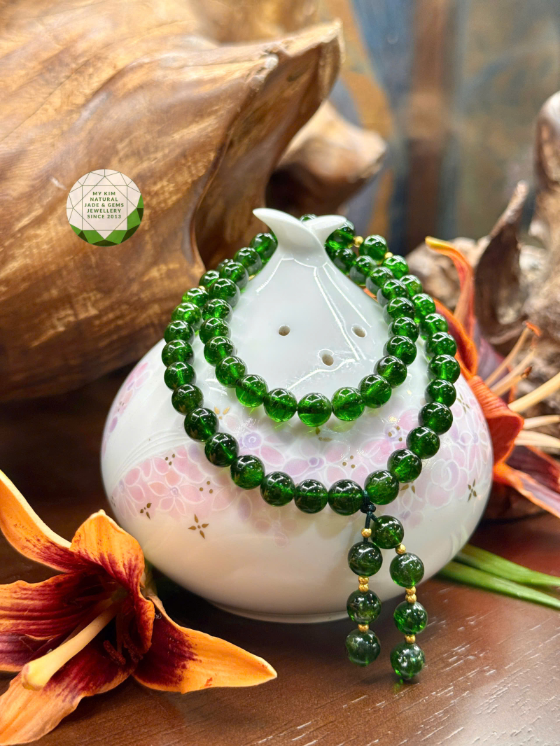 💚 Vòng Tay Diopside Vip – 2 Vòng Quấn Mix Charm Túi Vàng 18K