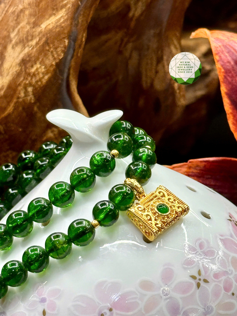 💚 Vòng Tay Diopside Vip – 2 Vòng Quấn Mix Charm Túi Vàng 18K