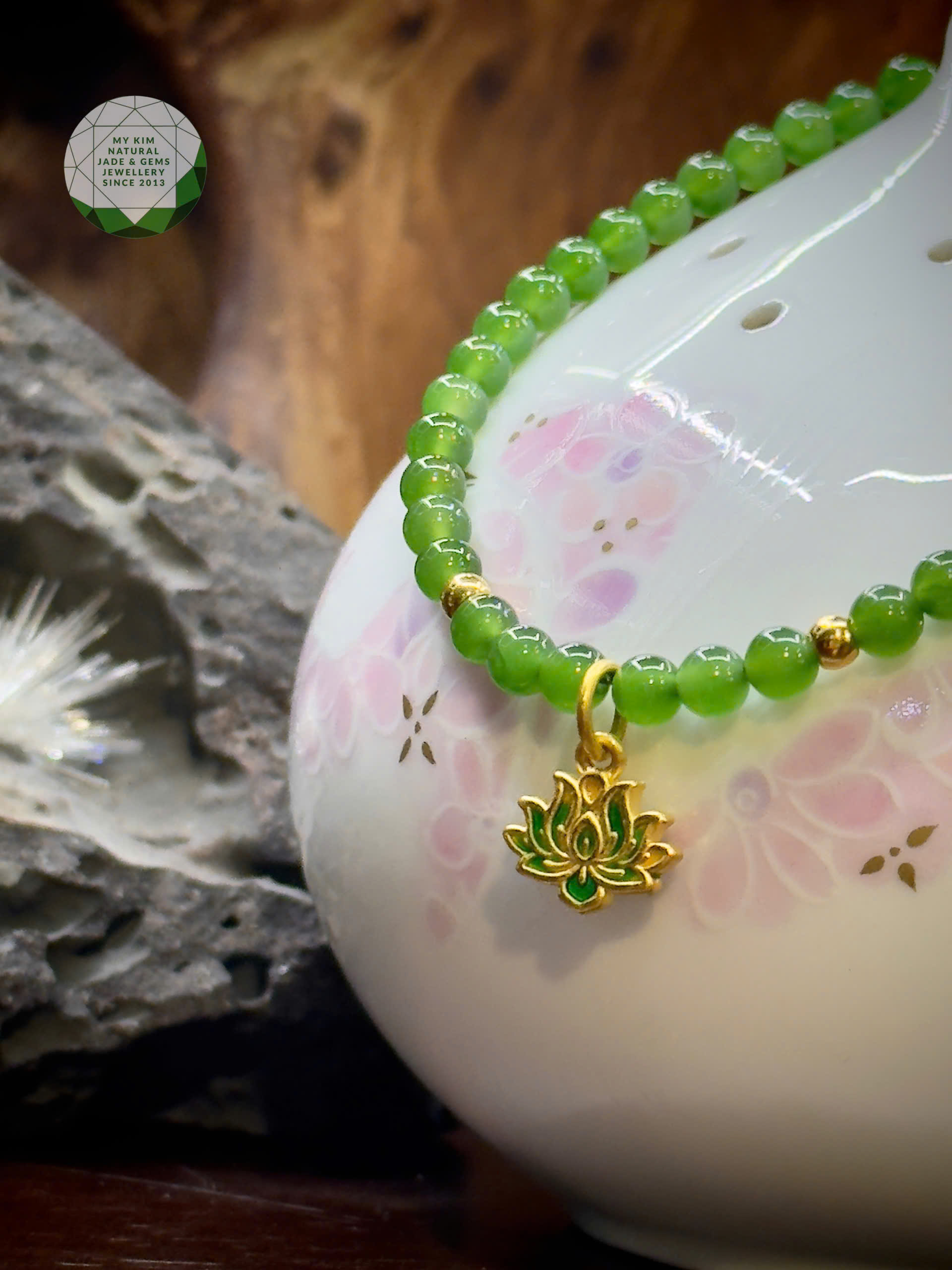 Vòng Ngọc Bích Nephrite 4mm VIP • 🍀 Mix Hoa Sen Treo Vàng • Trang Sức Phong Thủy Tài Lộc & Bình An