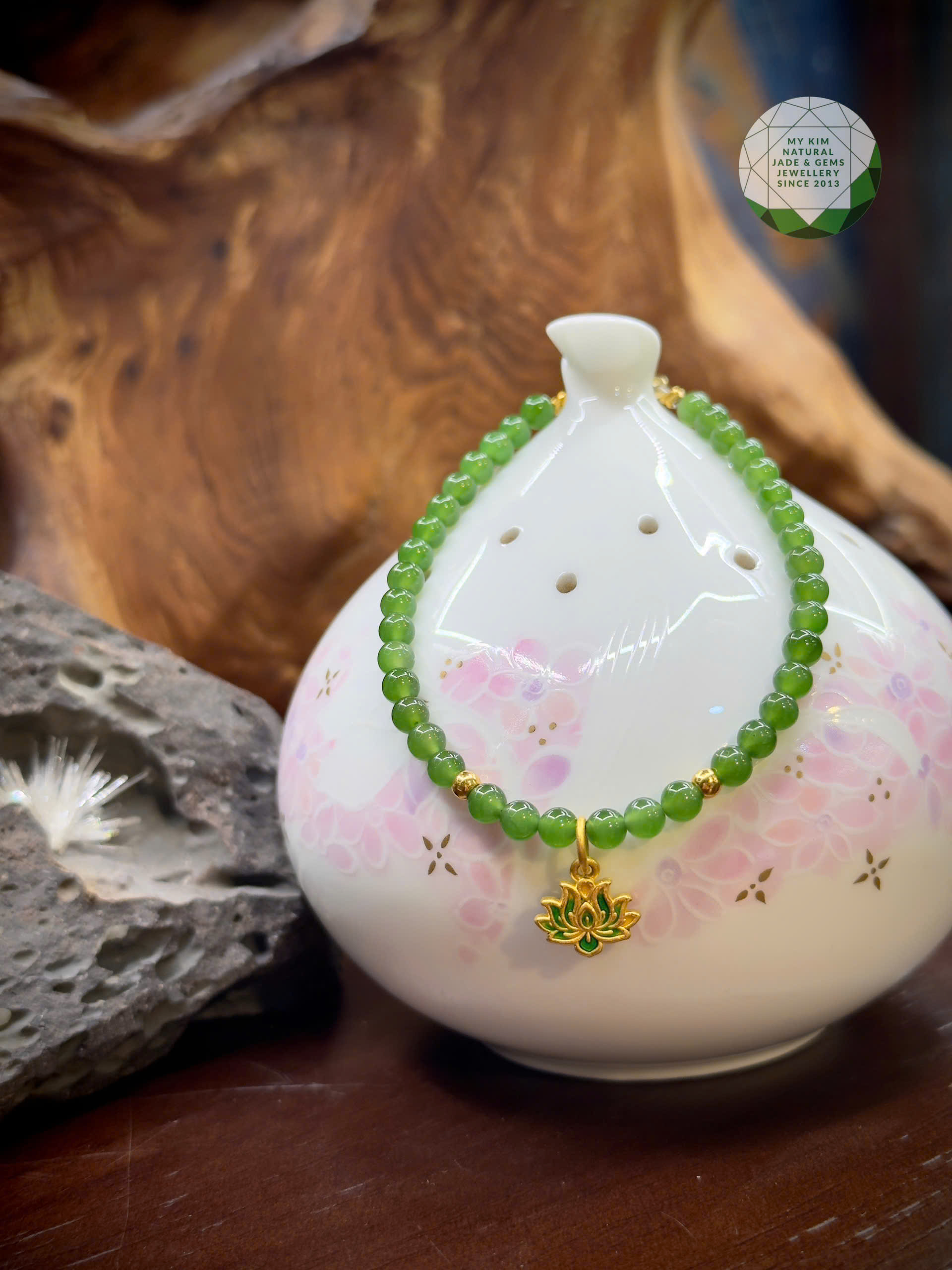 Vòng Ngọc Bích Nephrite 4mm VIP • 🍀 Mix Hoa Sen Treo Vàng • Trang Sức Phong Thủy Tài Lộc & Bình An