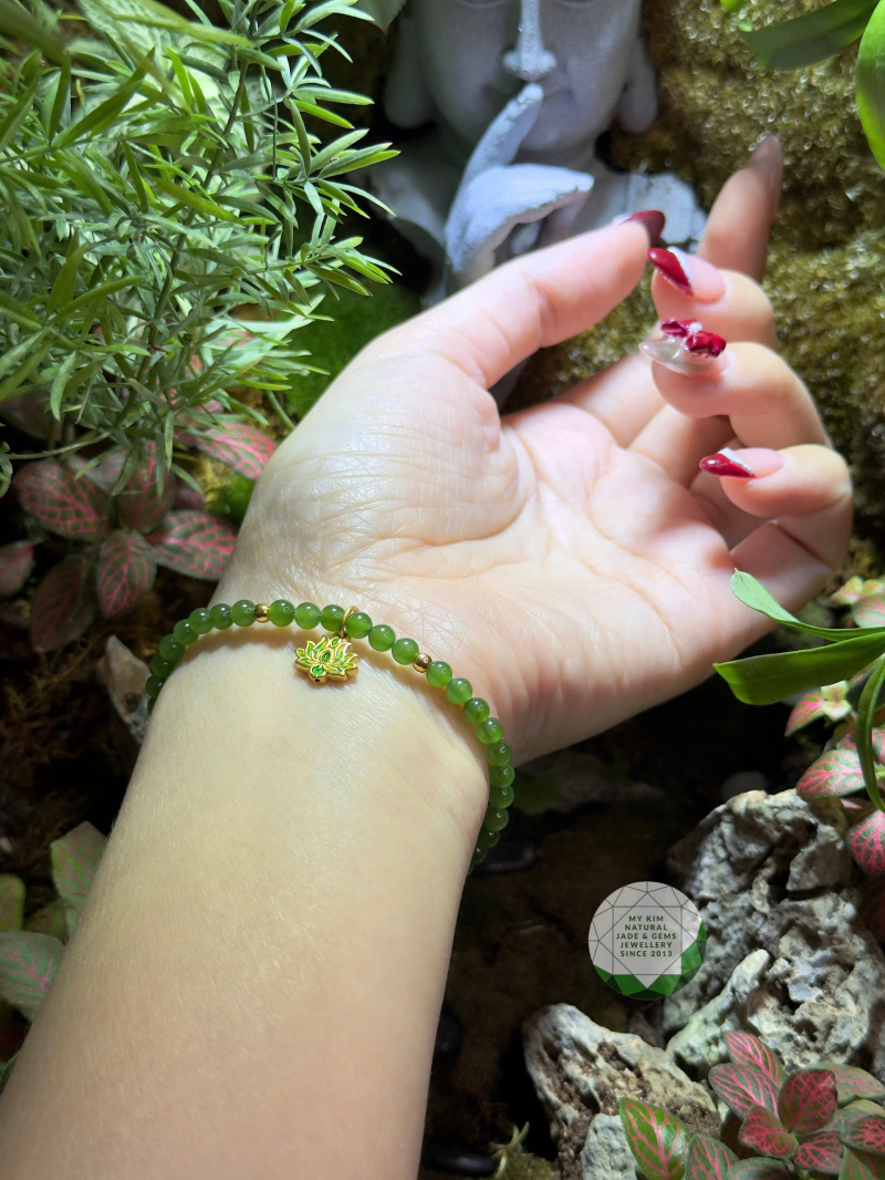 Vòng Ngọc Bích Nephrite 4mm VIP • 🍀 Mix Hoa Sen Treo Vàng • Trang Sức Phong Thủy Tài Lộc & Bình An