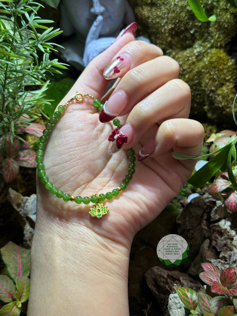 Vòng Ngọc Bích Nephrite 4mm VIP • 🍀 Mix Hoa Sen Treo Vàng • Trang Sức Phong Thủy Tài Lộc & Bình An
