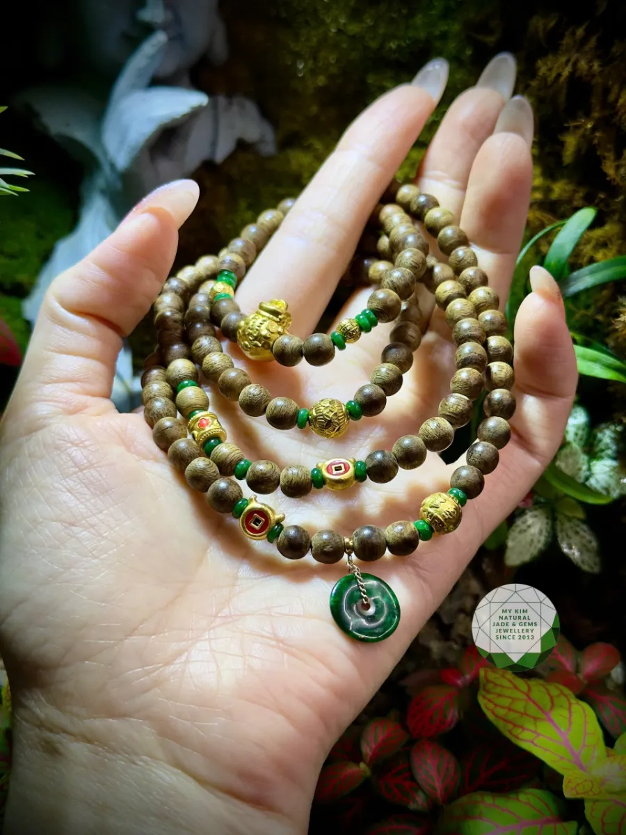 Chuỗi Vòng Trầm Hương mix Ngọc Jadeite - Vàng 2.4k