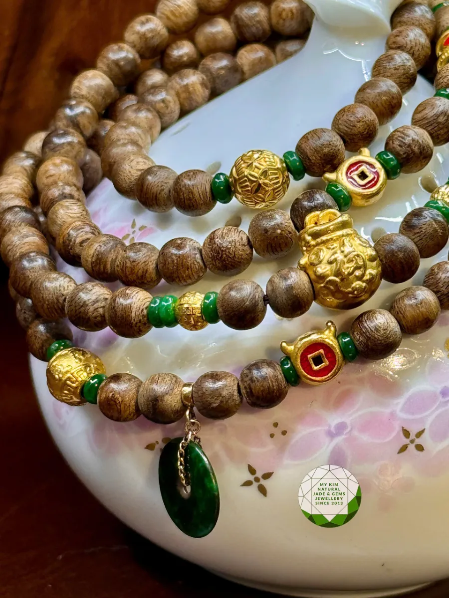 Chuỗi Vòng Trầm Hương mix Ngọc Jadeite - Vàng 2.4k