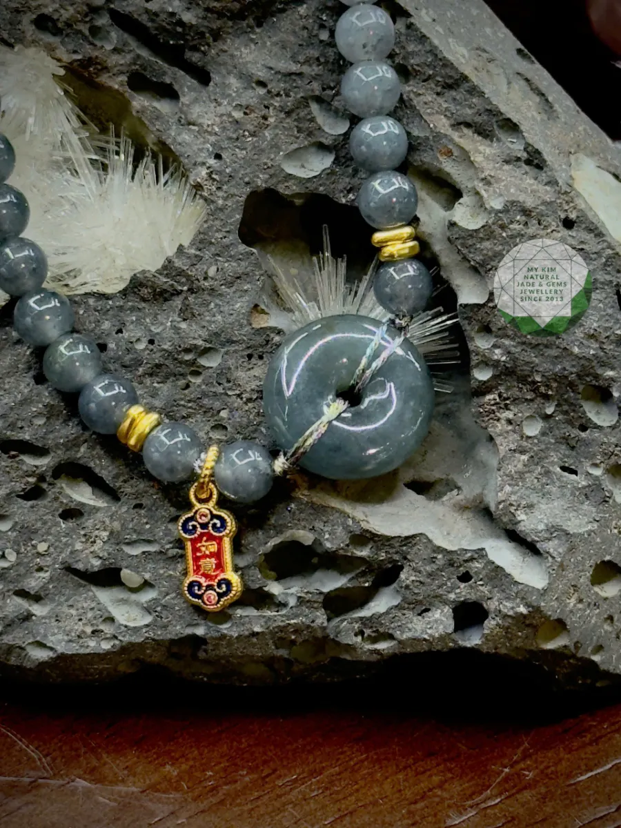 💚 Dây Tết Vòng Đồng Điếu Ngọc Phỉ Thúy Gà Đen – Jadeite VIP – Charm Vàng | Vạn Sự Hanh Thông