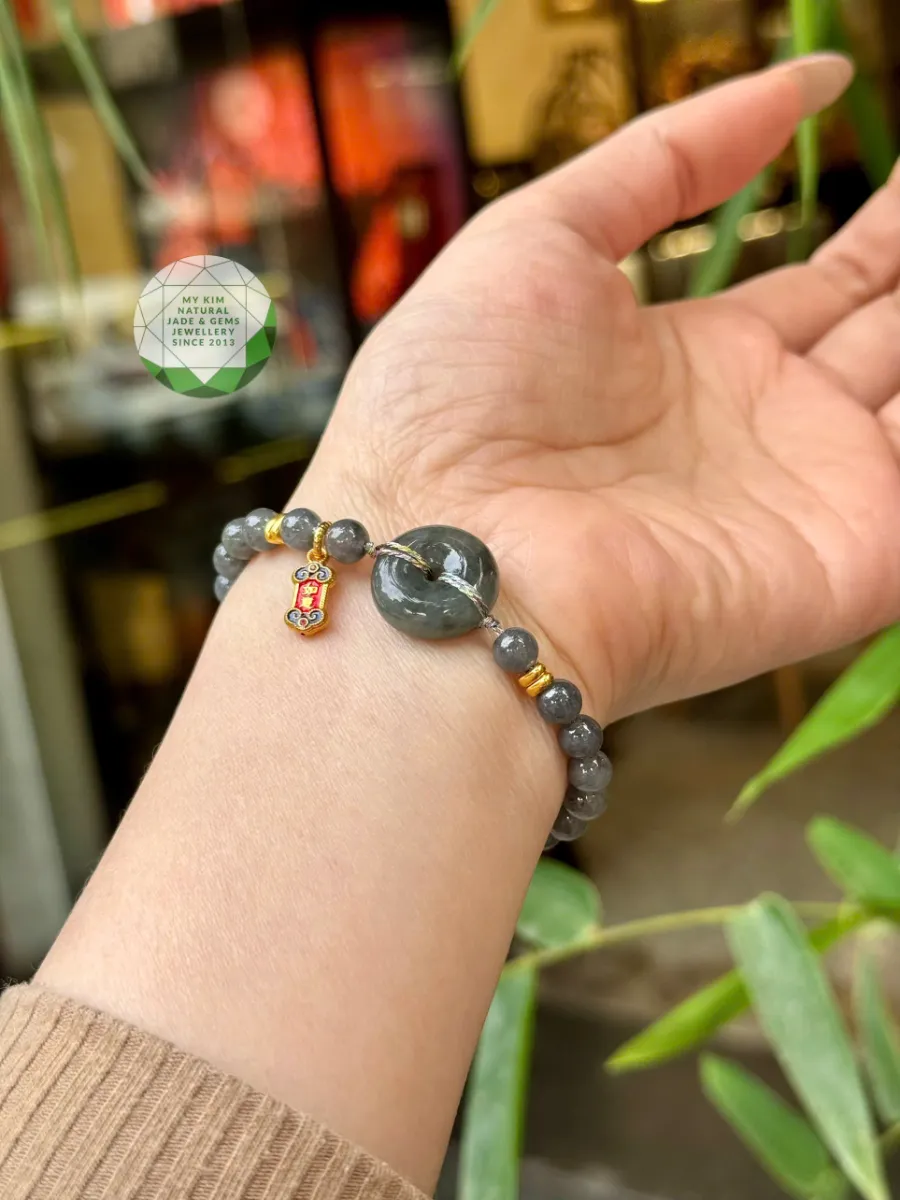 💚 Dây Tết Vòng Đồng Điếu Ngọc Phỉ Thúy Gà Đen – Jadeite VIP – Charm Vàng | Vạn Sự Hanh Thông