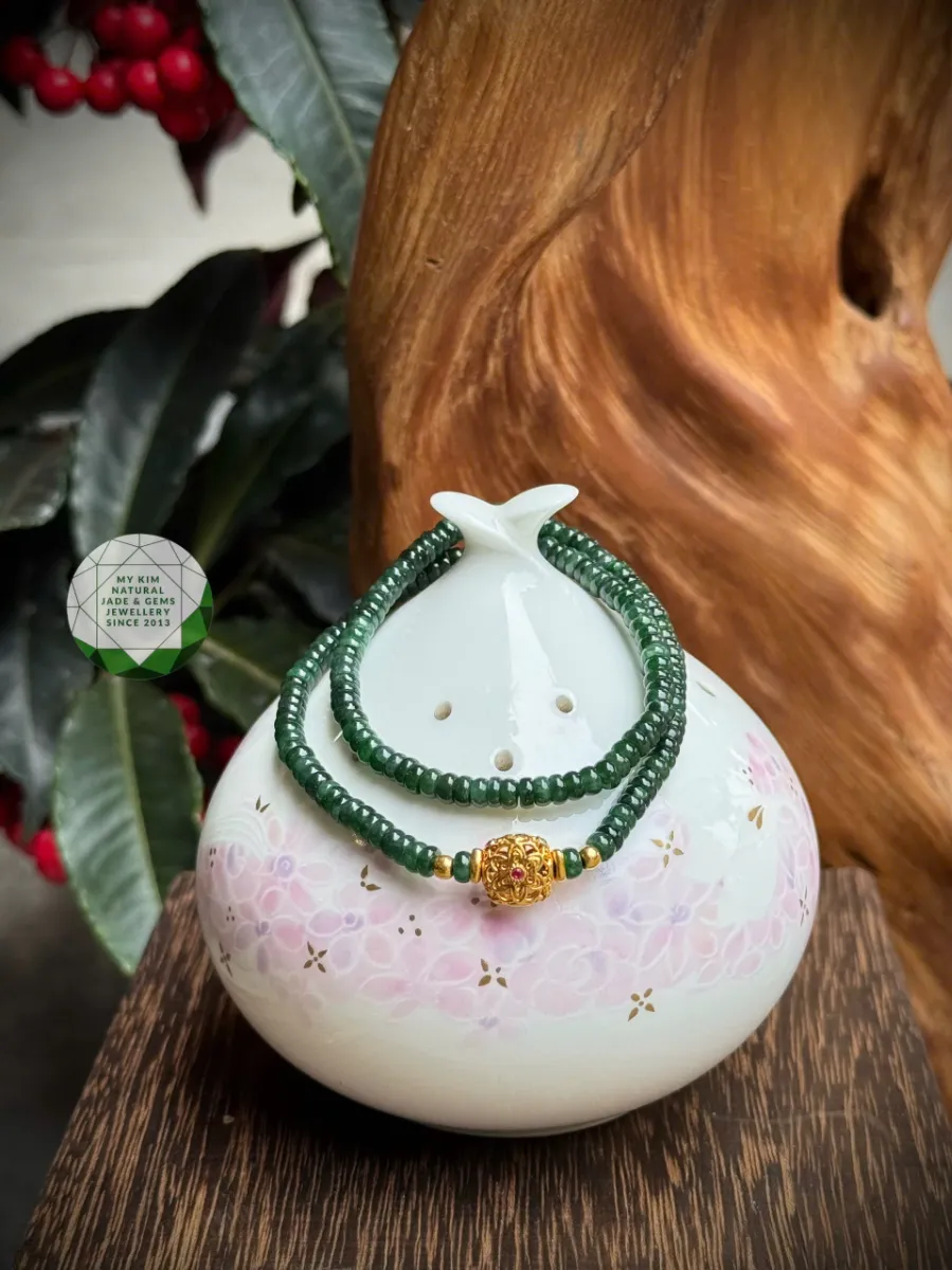 💎 Vòng Lam Ngọc Phỉ Thúy Hạt Bánh Xe Dẹt Size Nhỏ Jadeite VIP – Charm Vàng 18k & Bi Vàng | Trang Sức Phong Thủy Tài Lộc