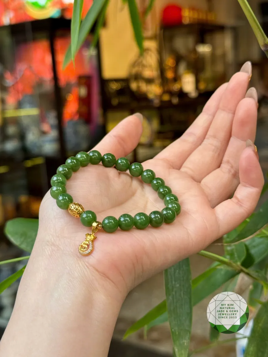 Vòng Tay Ngọc Bích Nephrite VIP • ✨ Mix Lu Thống & Túi Kim Ngân Vàng 10k • Trang Sức Phong Thủy Chiêu Tài & Bình An