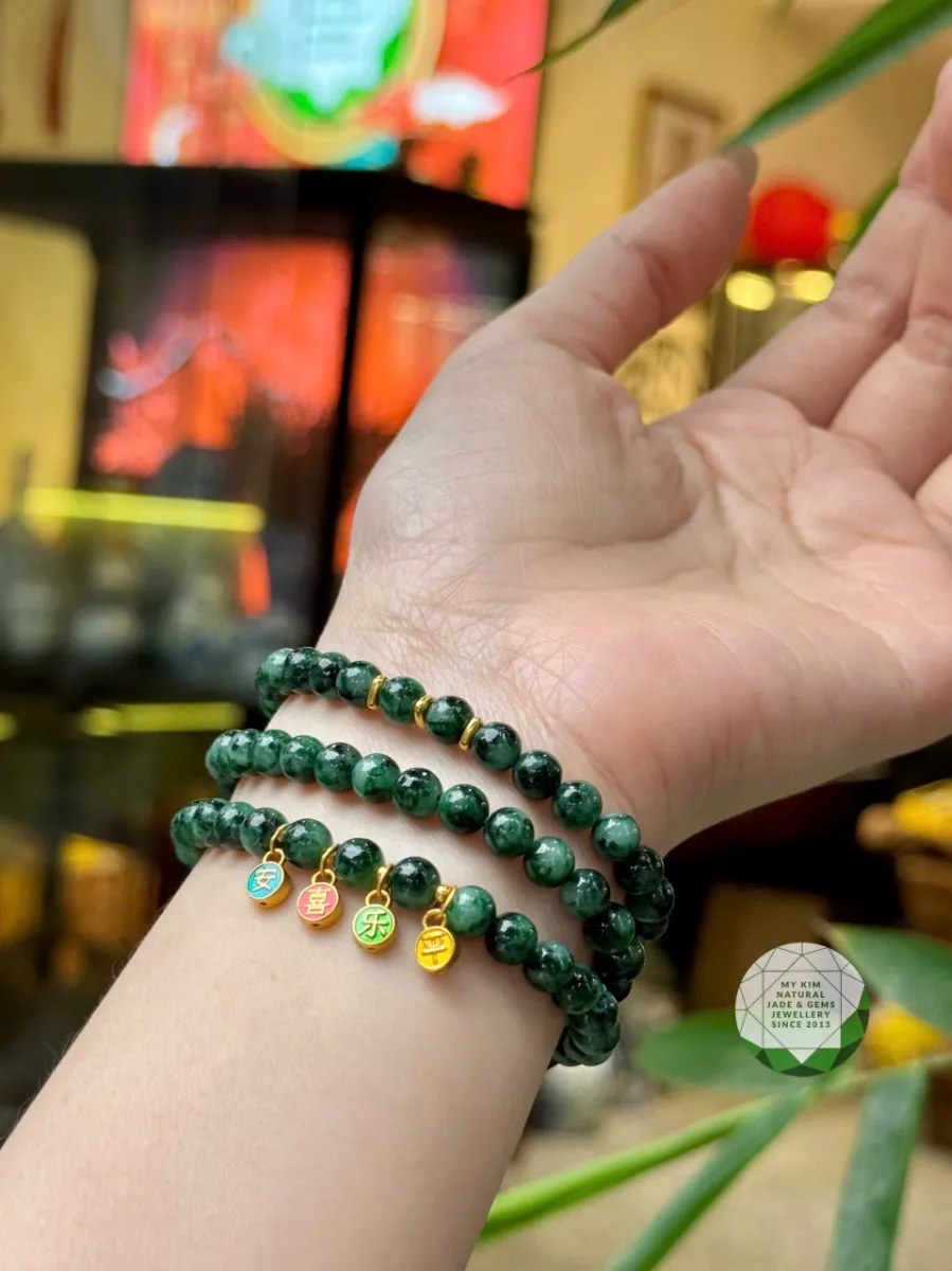 💚 Vòng Ngọc Phỉ Thúy Cỏ Bốn Lá - Jadeite VIP – 3 Vòng Quấn Mix Charm Vàng - May Mắn & Thịnh Vượng