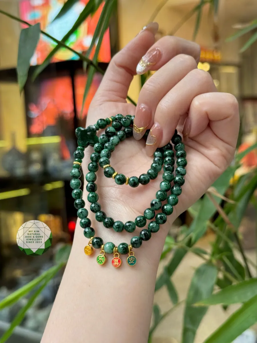 💚 Vòng Ngọc Phỉ Thúy Cỏ Bốn Lá - Jadeite VIP – 3 Vòng Quấn Mix Charm Vàng - May Mắn & Thịnh Vượng