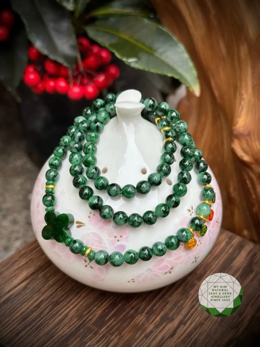 💚 Vòng Ngọc Phỉ Thúy Cỏ Bốn Lá - Jadeite VIP – 3 Vòng Quấn Mix Charm Vàng - May Mắn & Thịnh Vượng
