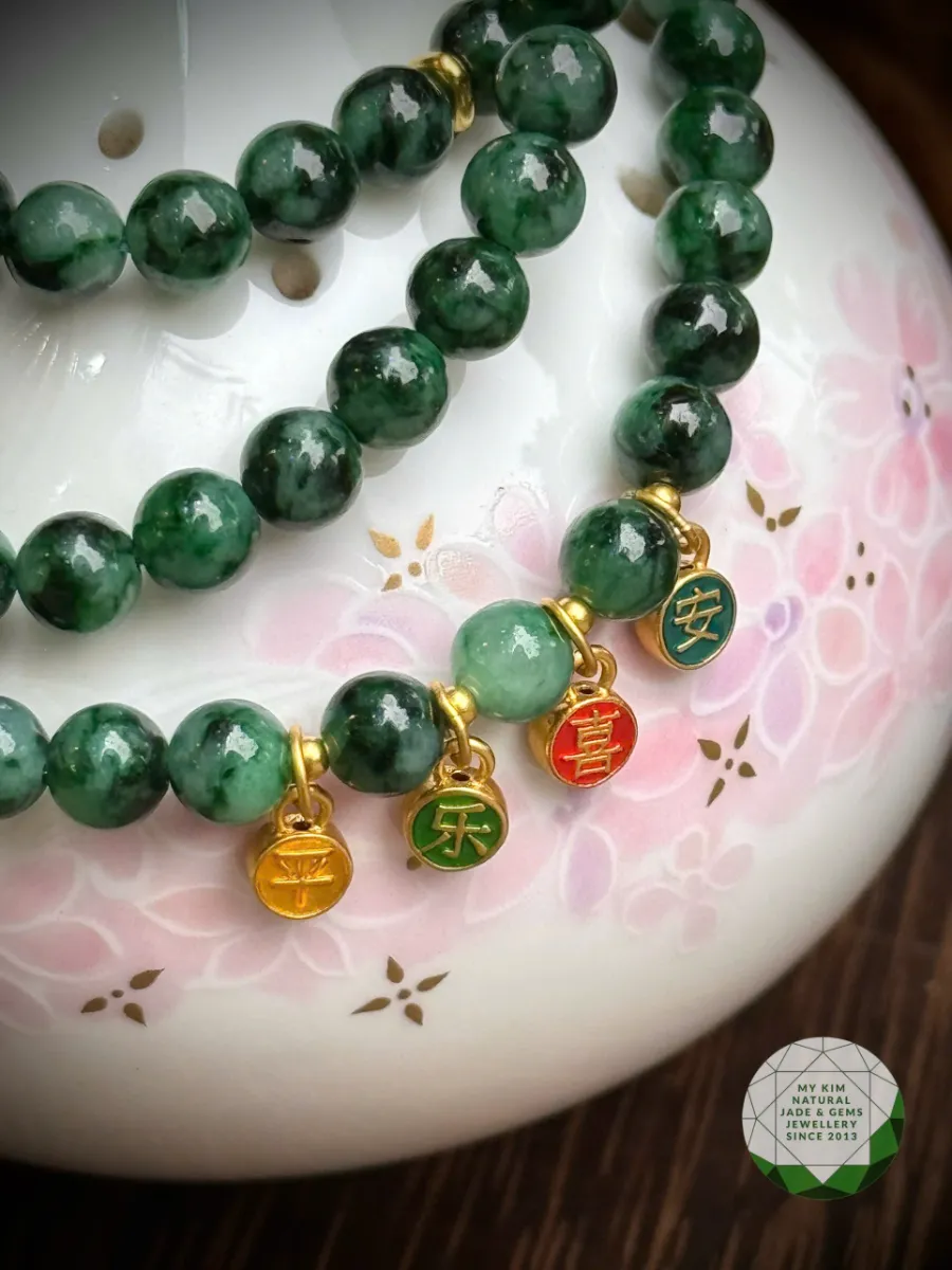 💚 Vòng Ngọc Phỉ Thúy Cỏ Bốn Lá - Jadeite VIP – 3 Vòng Quấn Mix Charm Vàng - May Mắn & Thịnh Vượng