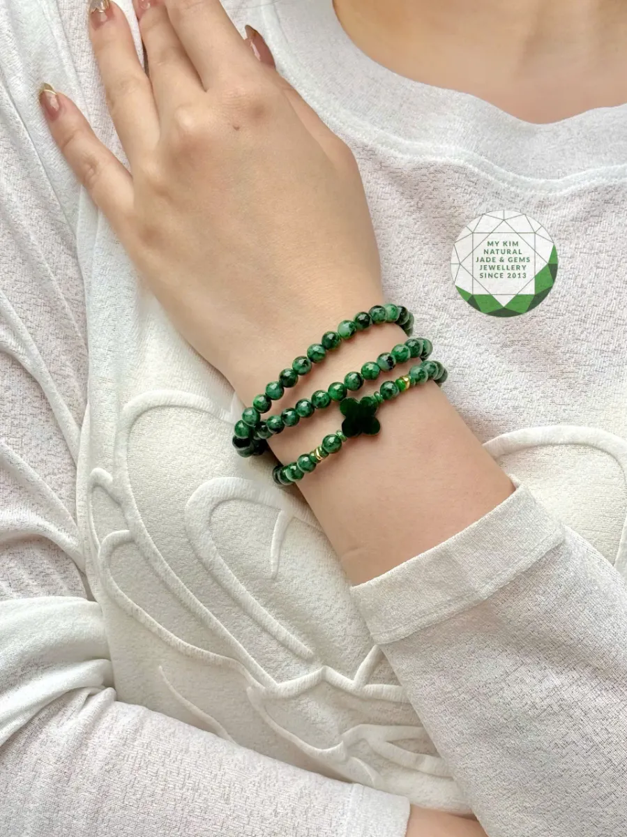 💚 Vòng Ngọc Phỉ Thúy Cỏ Bốn Lá - Jadeite VIP – 3 Vòng Quấn Mix Charm Vàng - May Mắn & Thịnh Vượng