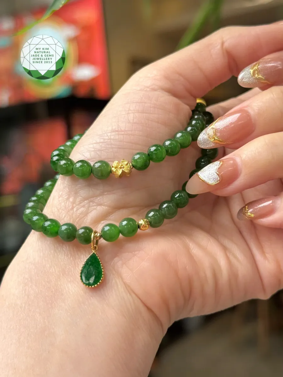 Vòng Tay Ngọc Bích Nephrite VIP • ✨ Mix Charm Jadeite 14k & Vàng 10k • Trang Sức Phong Thủy Tài Lộc & Bình An