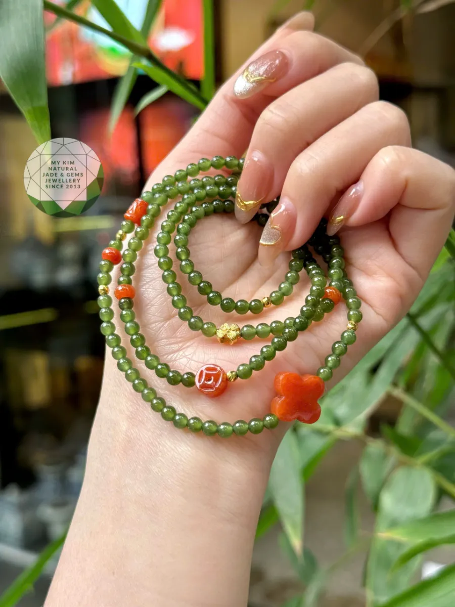 Vòng Tay Ngọc Bích Nephrite Mix Jadeite Cam • 🍀 Charm Bốn Lá Vàng 10k • Trang Sức Phong Thủy Tài Lộc & Bình An