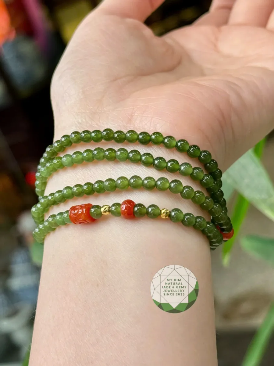 Vòng Tay Ngọc Bích Nephrite Mix Jadeite Cam • 🍀 Charm Bốn Lá Vàng 10k • Trang Sức Phong Thủy Tài Lộc & Bình An