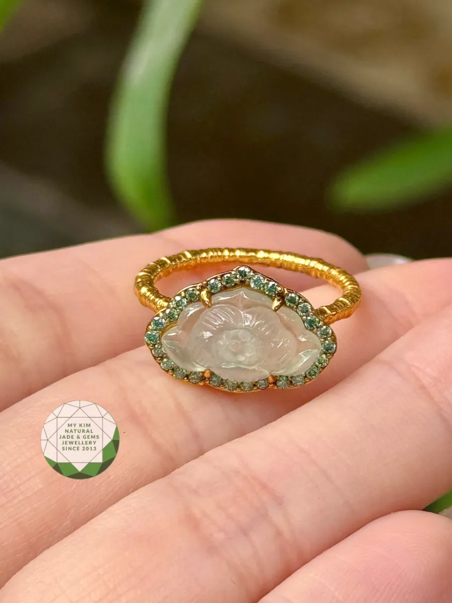 🌸 Nhẫn Hoa Sen Băng Ngọc Phỉ Thúy – Jadeite VIP – Viền Moissanite Xanh – Vàng Gold 14k