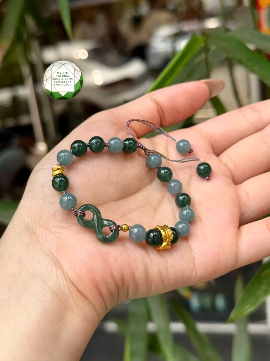💎 Vòng Tay Lam Ngọc Phỉ Thúy Jadeite Mix Charm Vô Cực ♾️ Charm Vàng Lông Vũ & Bi Vàng ✨ Trang Sức Thiết Kế Độc Quyền – Phiên Bản Giới Hạn