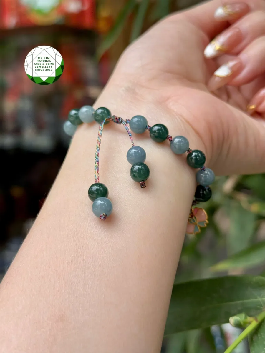 🌿 Vòng Dây Tết Lam Ngọc Phỉ Thúy Jadeite mix Charm Ngọc Vô Cực & Charm Vàng Hồ Điệp