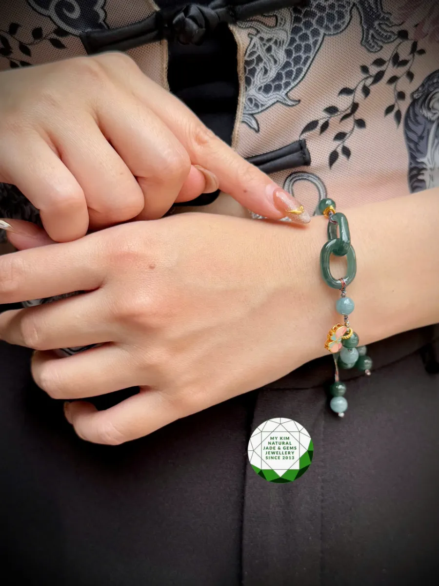 🌿 Vòng Dây Tết Lam Ngọc Phỉ Thúy Jadeite mix Charm Ngọc Vô Cực & Charm Vàng Hồ Điệp