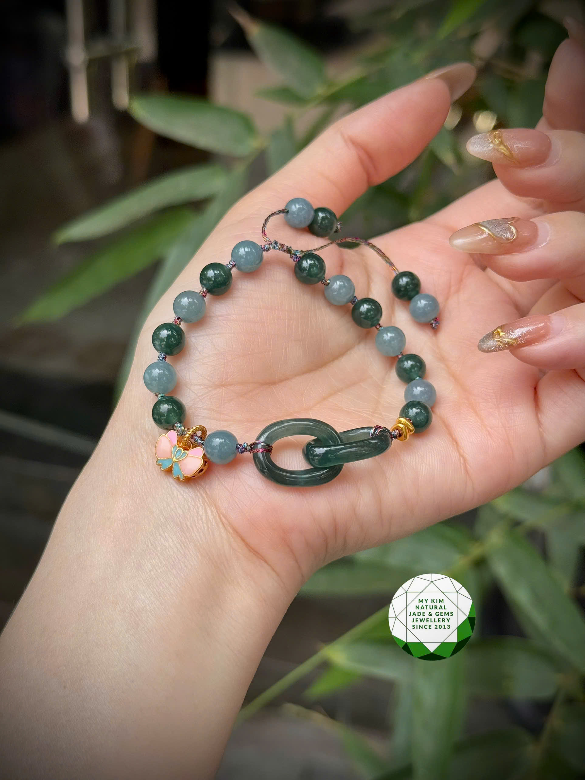 🌿 Vòng Dây Tết Lam Ngọc Phỉ Thúy Jadeite mix Charm Ngọc Vô Cực & Charm Vàng Hồ Điệp