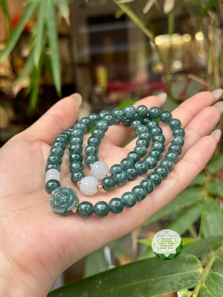 💎 Vòng Tay Lam Ngọc Phỉ Thúy Mix Charm Hoa Hồng – Hoa Sen Băng Ngọc – Bi Vàng Hồng 18k | Trang Sức Thiết Kế Tinh Tế, Giới Hạn