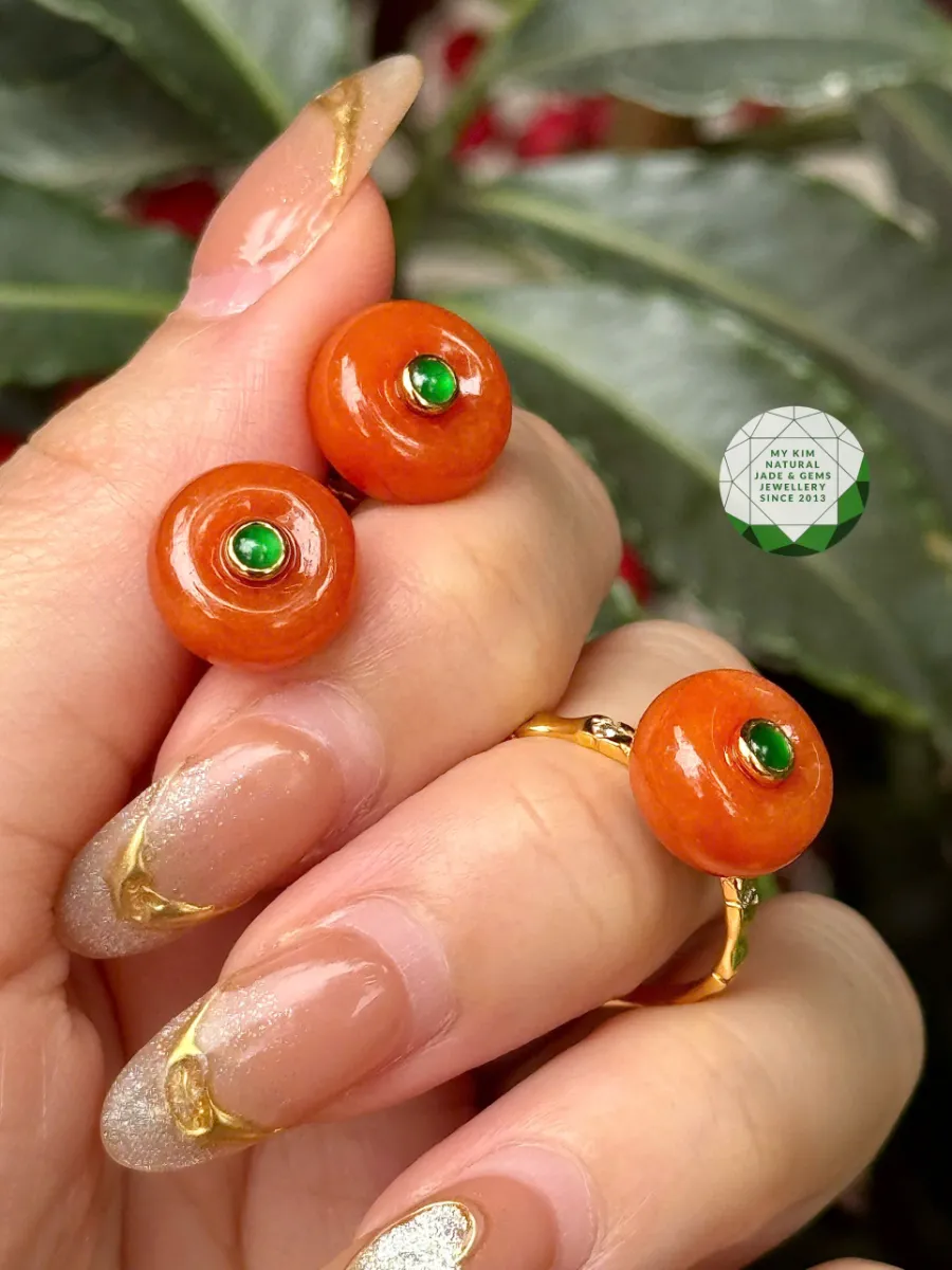 💍 Set Trang Sức Đồng Điếu Ngọc Phỉ Thúy Cam Hoàng Huyết – Đỏ Cam & Xanh Hoàng Đế | Vàng 14k–18k