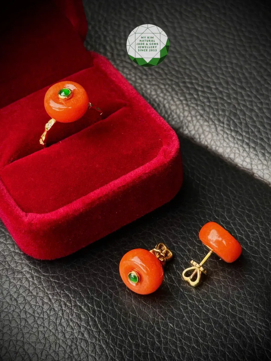 💍 Set Trang Sức Đồng Điếu Ngọc Phỉ Thúy Cam Hoàng Huyết – Đỏ Cam & Xanh Hoàng Đế | Vàng 14k–18k