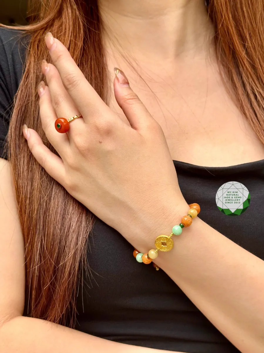 💍 Set Trang Sức Đồng Điếu Ngọc Phỉ Thúy Cam Hoàng Huyết – Đỏ Cam & Xanh Hoàng Đế | Vàng 14k–18k