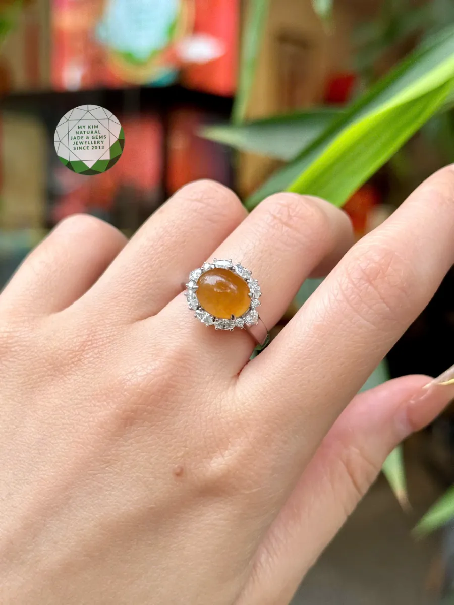 Nhẫn Ngọc Phỉ Thúy Hồng Phỉ Cam Vàng – Vàng Trắng 14k Đính Moissanite Cao Cấp