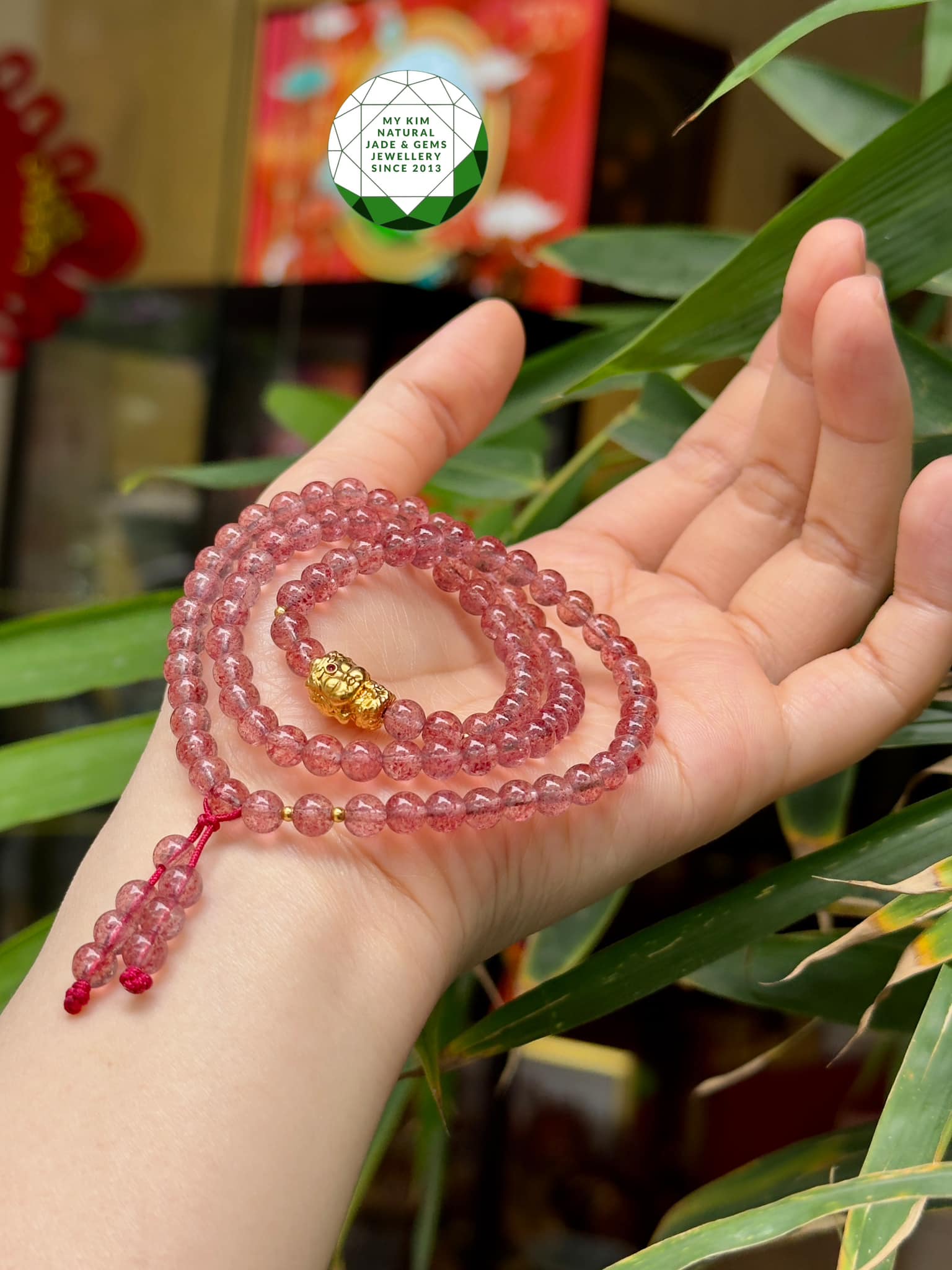 Chuỗi Vòng Thạch Anh Dâu Tây - Strawberry Quartz  mix Vàng 18k