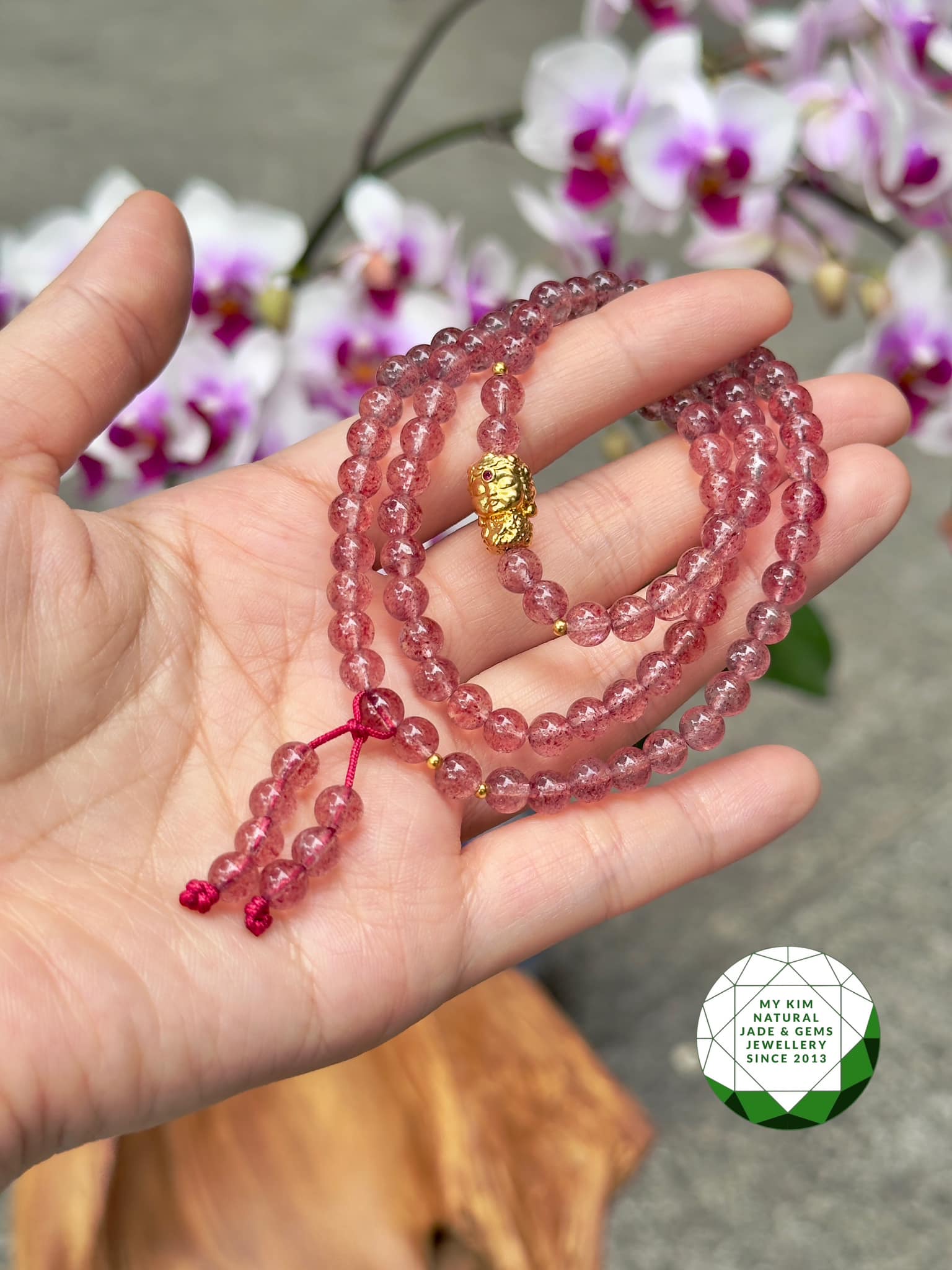 Chuỗi Vòng Thạch Anh Dâu Tây - Strawberry Quartz  mix Vàng 18k