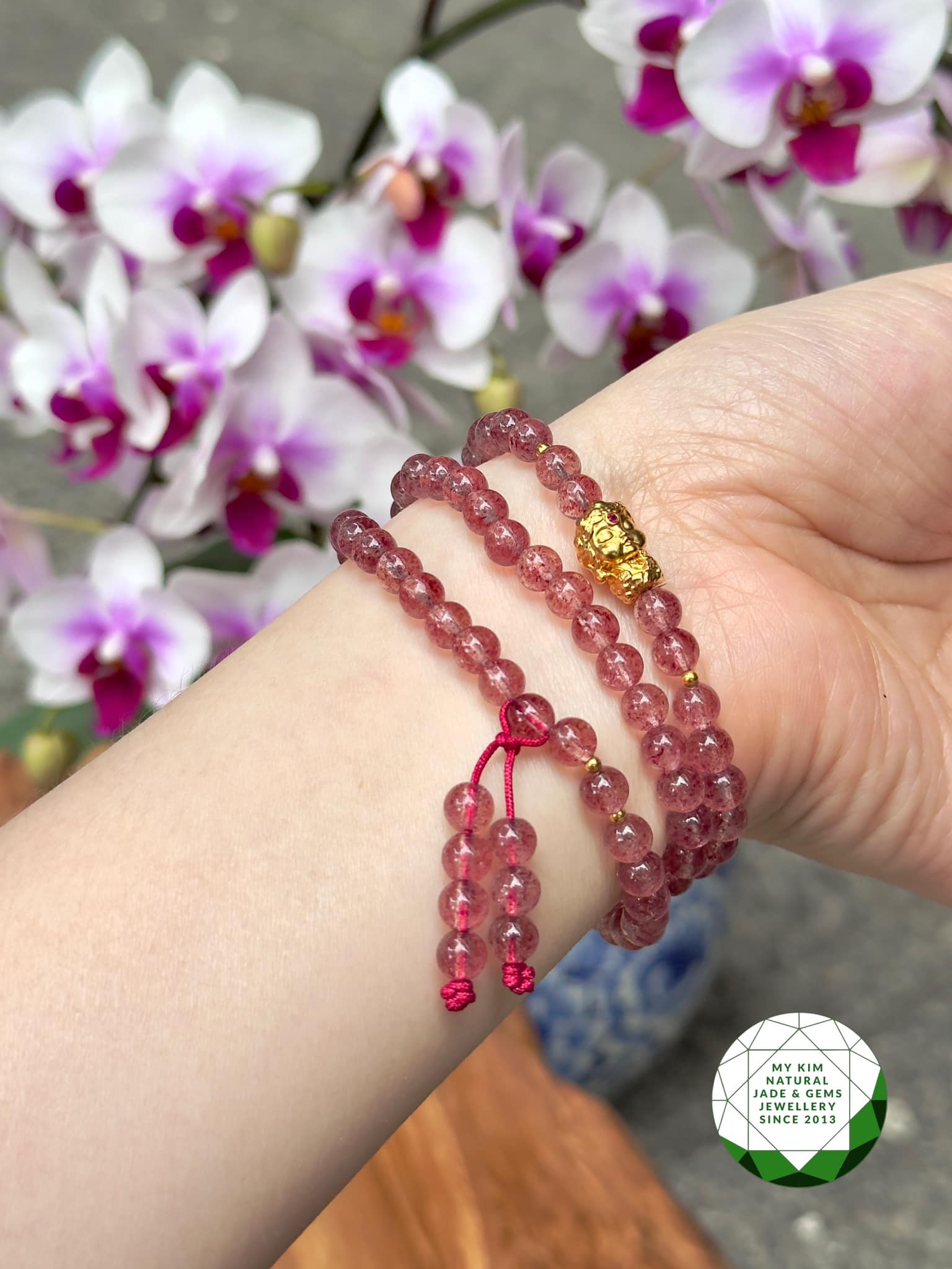 Chuỗi Vòng Thạch Anh Dâu Tây - Strawberry Quartz  mix Vàng 18k