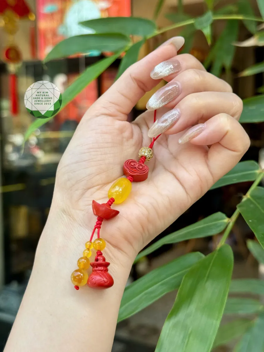 Dây Treo Chusa Mix Mã Não & Thạch Anh – Charm Đồng Điếu, Đĩnh Vàng, Khóa Trường Mệnh