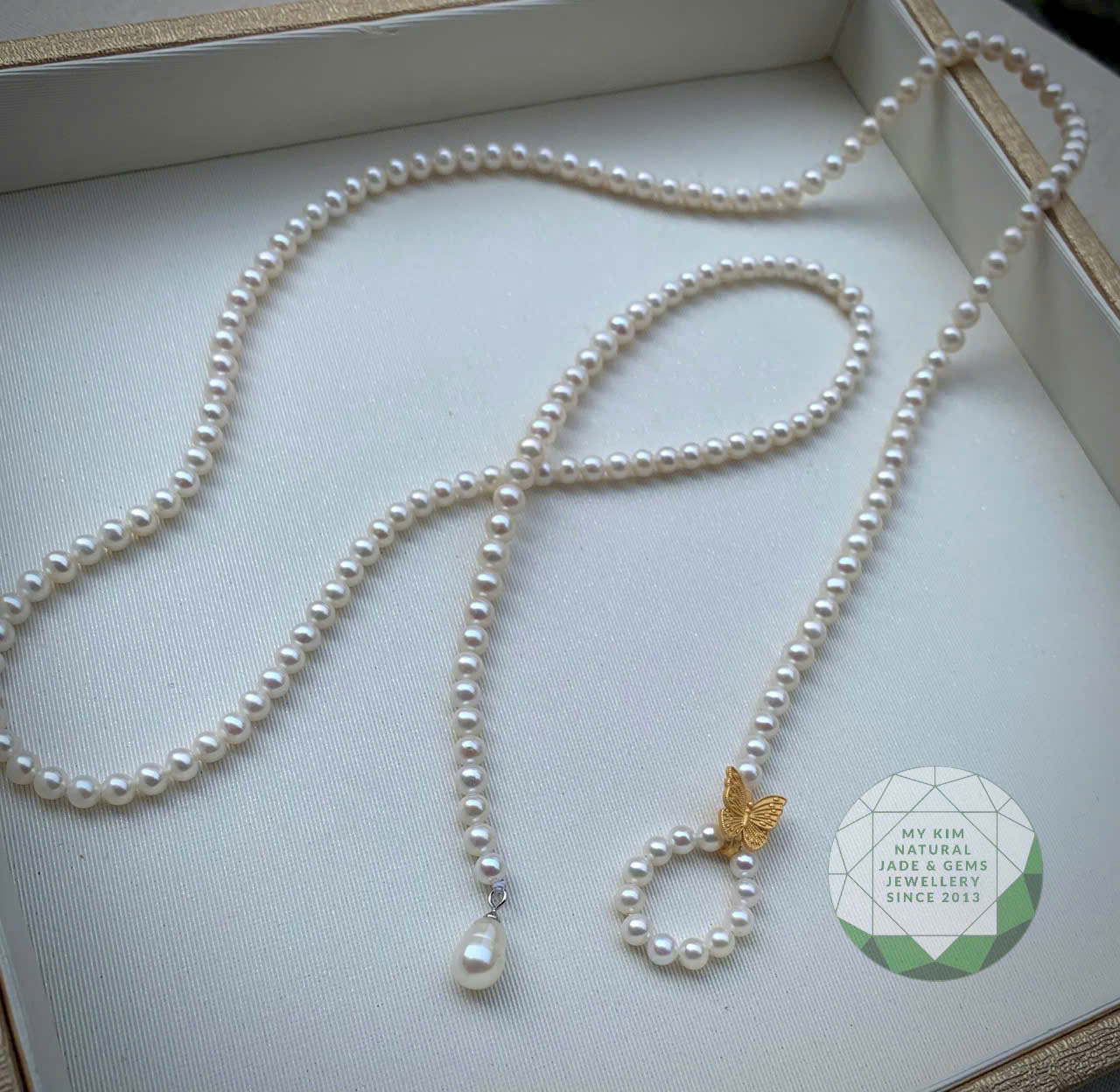 Dây Chuyền Ngọc Trai Nước Ngọt – Charm Bướm Bạc Si Vàng | Hạt Nhỏ Thanh Nhã, Đeo Được Nhiều Kiểu