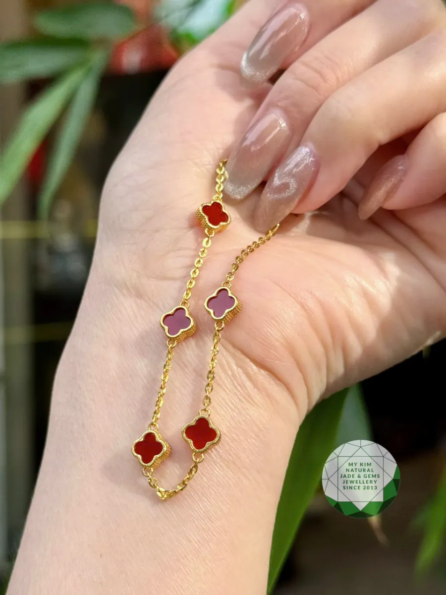 Lắc Vàng Tây 10k Dây Xích Phối Charm Cỏ Bốn Lá Mã Não Đỏ Cam Nổi Bật
