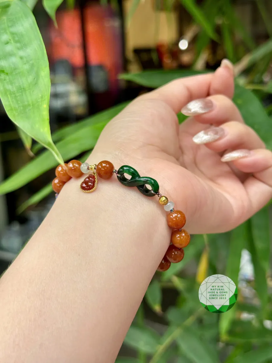 Dây Tết Ngọc Phỉ Thúy Cam Hoàng Huyết – Mix Charm Hồ Lô Jadeite Đỏ Bọc Vàng 14k, Ý Nguyện Xanh & Băng Ngọc