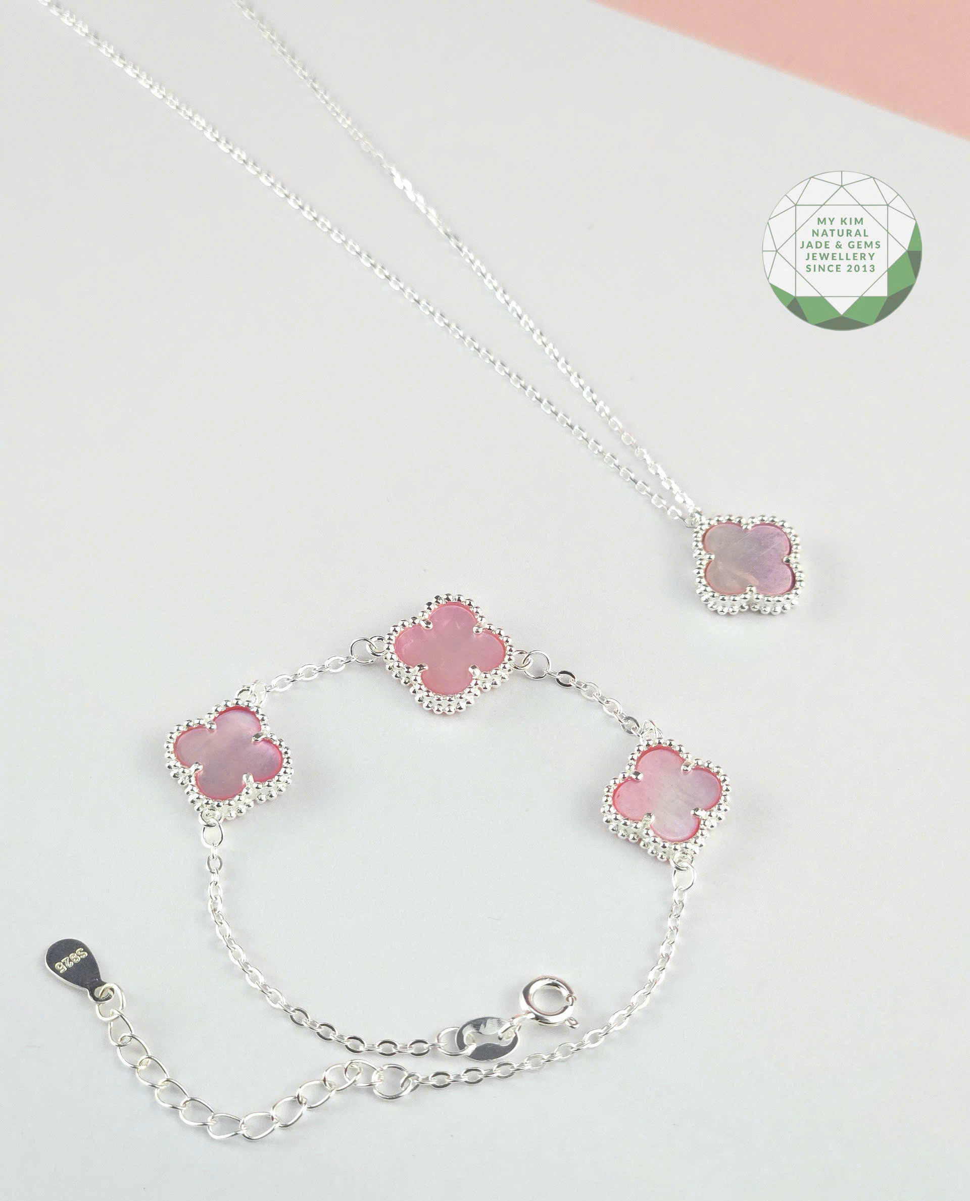 Bộ Trang Sức Dây Chuyền & Lắc Tay Cỏ Bốn Lá Bạc 925 – Xà Cừ Hồng Dịu Dàng, Thanh Nhã