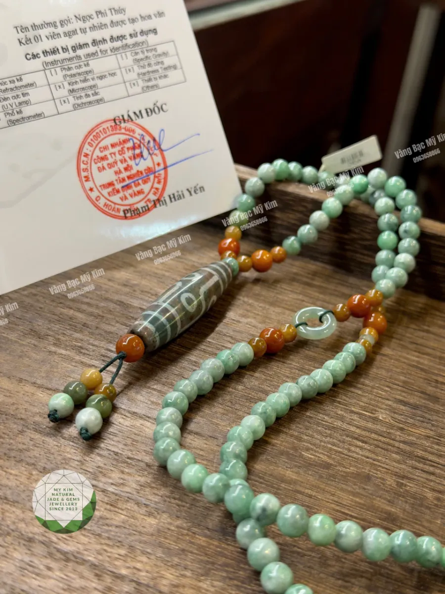🌿 Dây Chuyền Ngọc Phỉ Thúy – Dzi Thiên Châu Mix Đồng Điếu Lam Ngọc