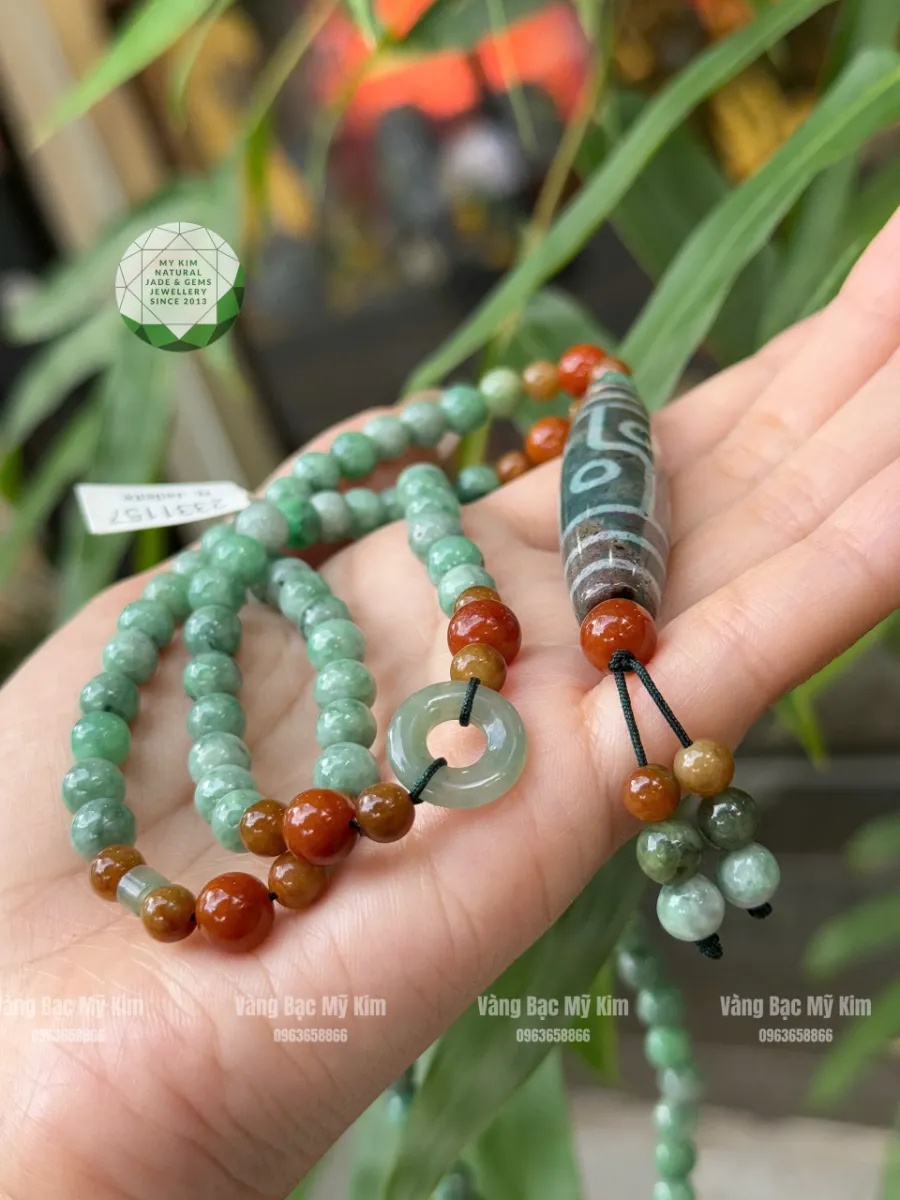 🌿 Dây Chuyền Ngọc Phỉ Thúy – Dzi Thiên Châu Mix Đồng Điếu Lam Ngọc