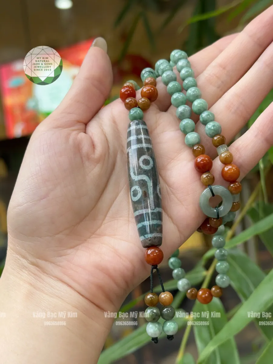 🌿 Dây Chuyền Ngọc Phỉ Thúy – Dzi Thiên Châu Mix Đồng Điếu Lam Ngọc