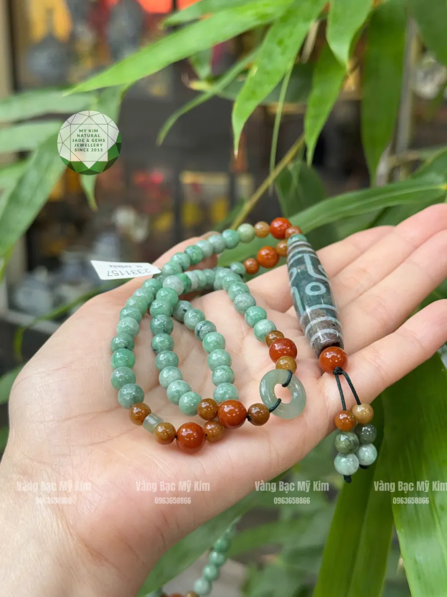 🌿 Dây Chuyền Ngọc Phỉ Thúy – Dzi Thiên Châu Mix Đồng Điếu Lam Ngọc