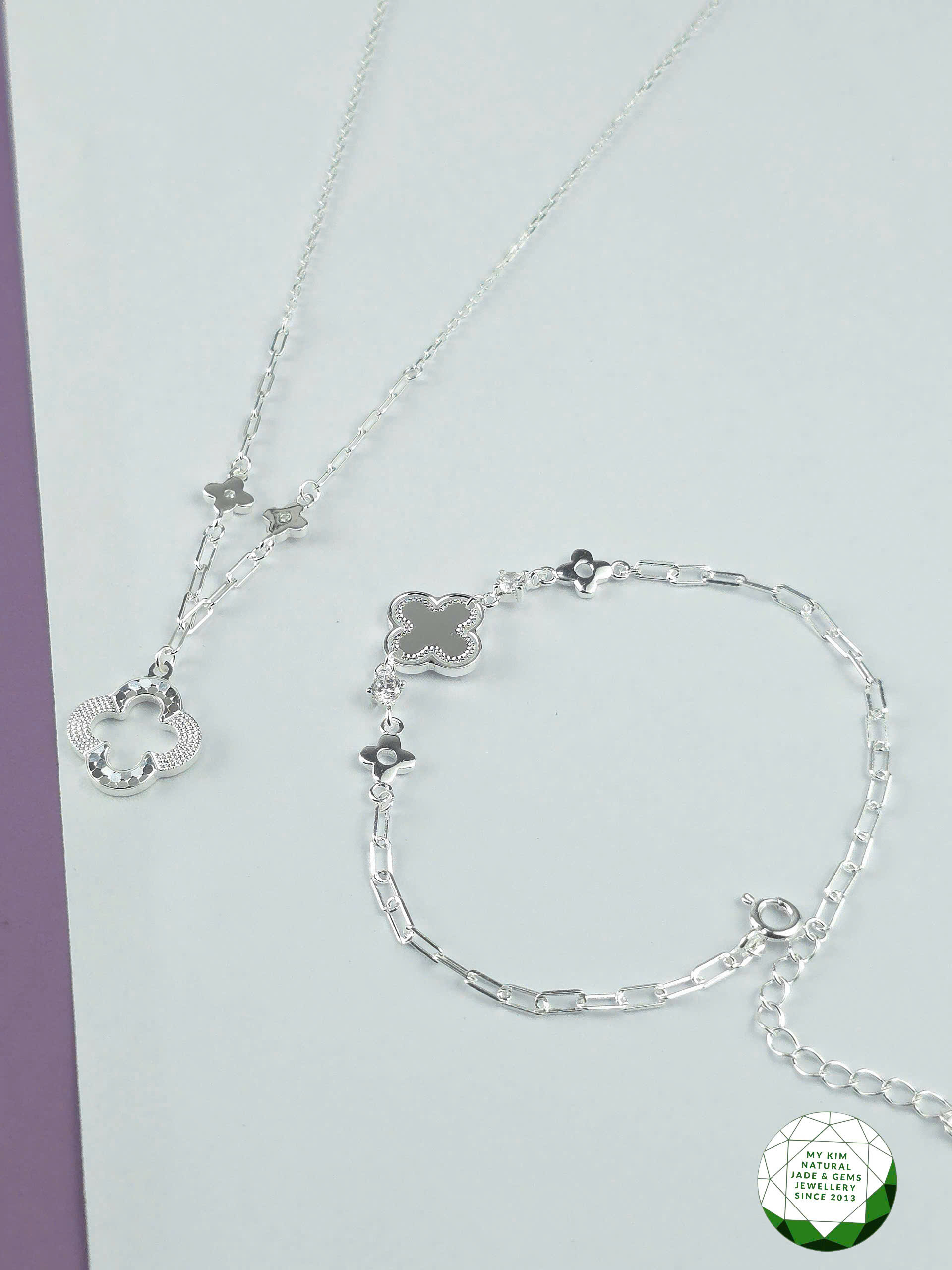 Bộ Trang Sức Cỏ Bốn Lá Bạc 925 – Dây Chuyền & Lắc Tay Liền Mặt Đính Đá Trắng Lấp Lánh