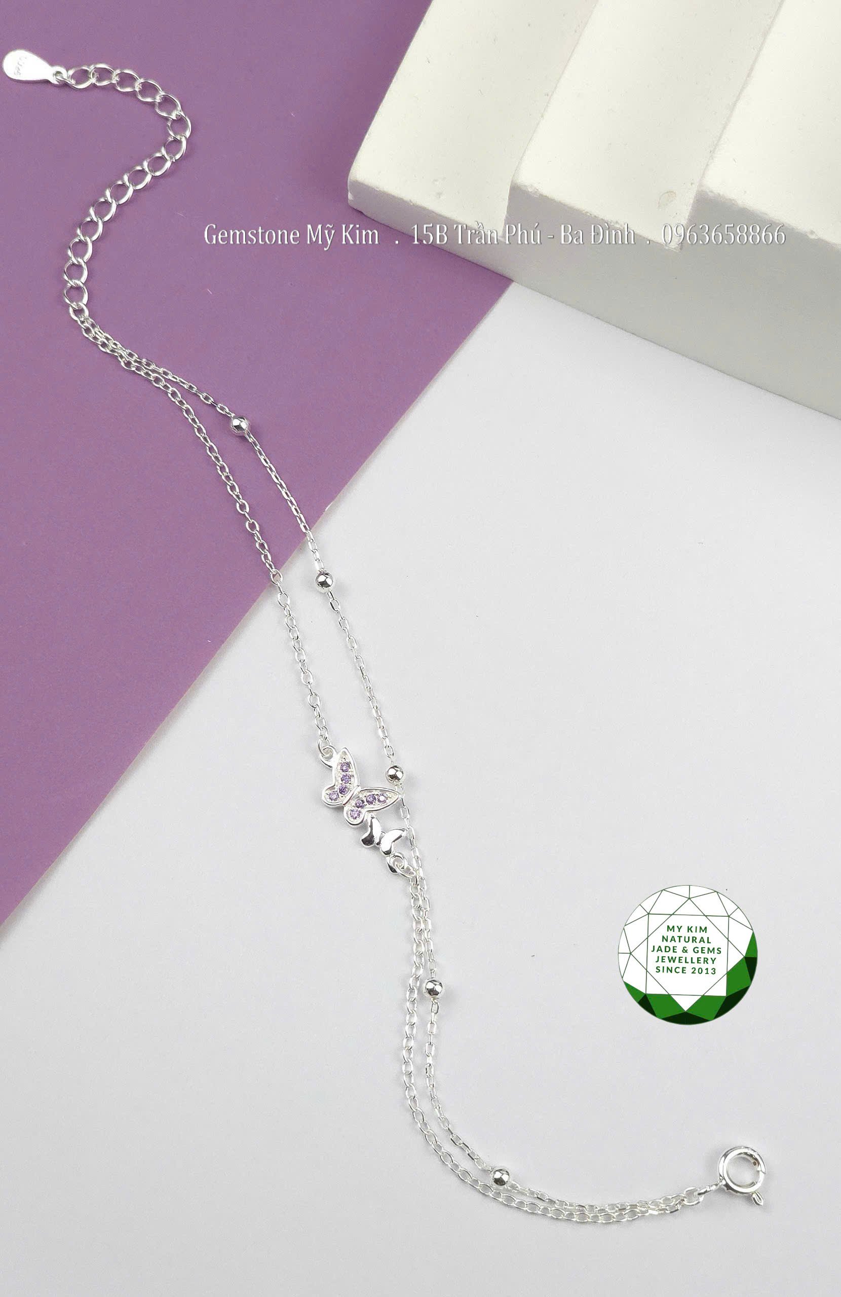 Lắc Tay Bạc 925 Hồ Điệp – Thiết Kế Hai Dây Xích, Đính Bi & Charm Hồ Điệp Đôi Thanh Nhã